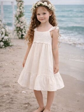 Cat & Jack White Cotton Flower Girl Dress Size 4/5 Beach Wedding Dress Toddler
